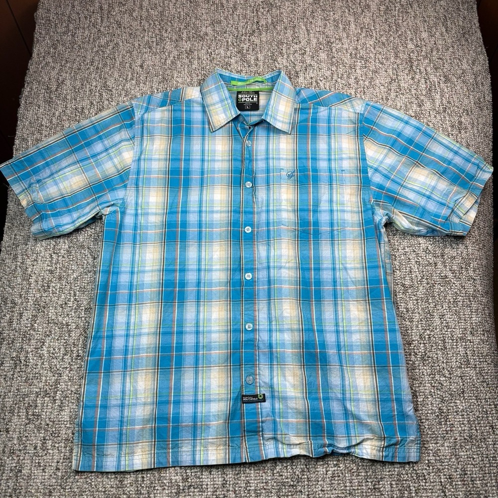 Southpole Hexagon Product Shirt Mens Large Plaid Button Up Short Sleeve Blue